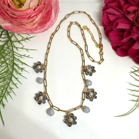 Saval Jewelry Jewelry - NEW⚜️Raw Aquamarine Freshwater Pearl & Crystal Flower Charm Necklace